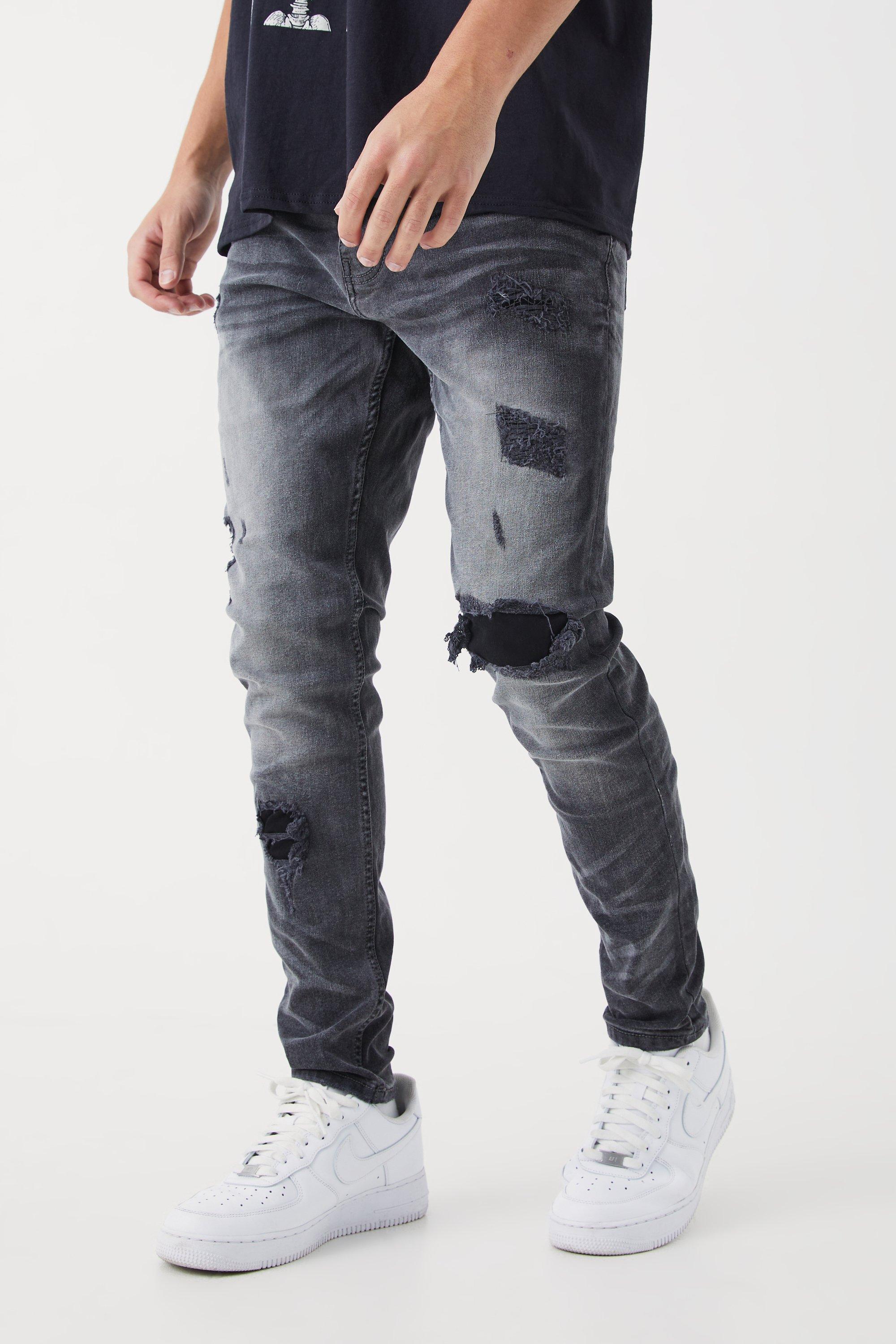 Men's Skinny Stretch Rip & Repair Zip Biker Jeans | Boohoo UK